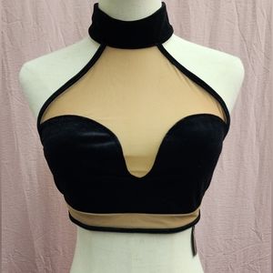 SHEIN SXY Velvet Halter Mesh Contrast Crop Top-(Medium)NWT